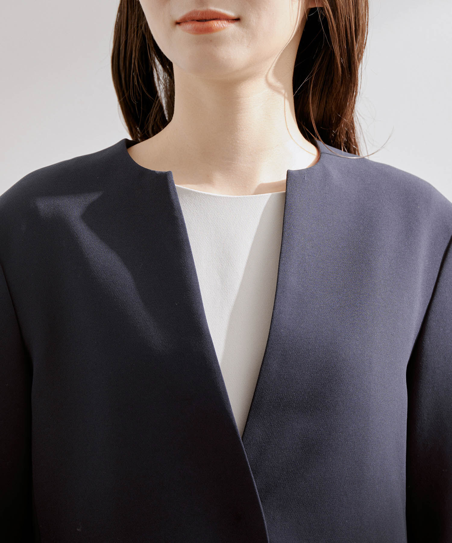 ROPE「【洗える】アセテートダブルクロス クルーネックジャケット/セレモニー・セットアップ対応」|ノーカラージャケット|
