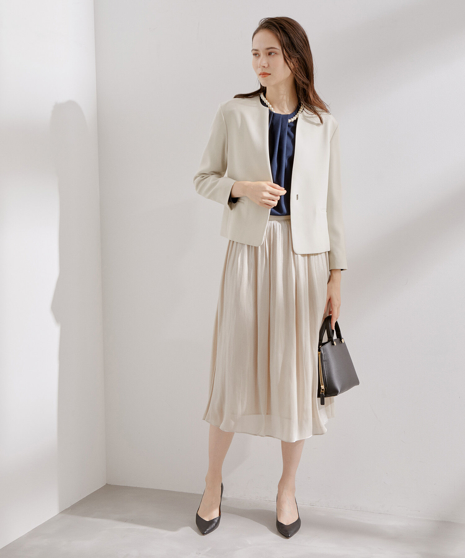 ROPE「【洗える】アセテートダブルクロス クルーネックジャケット/セレモニー・セットアップ対応」|ノーカラージャケット|