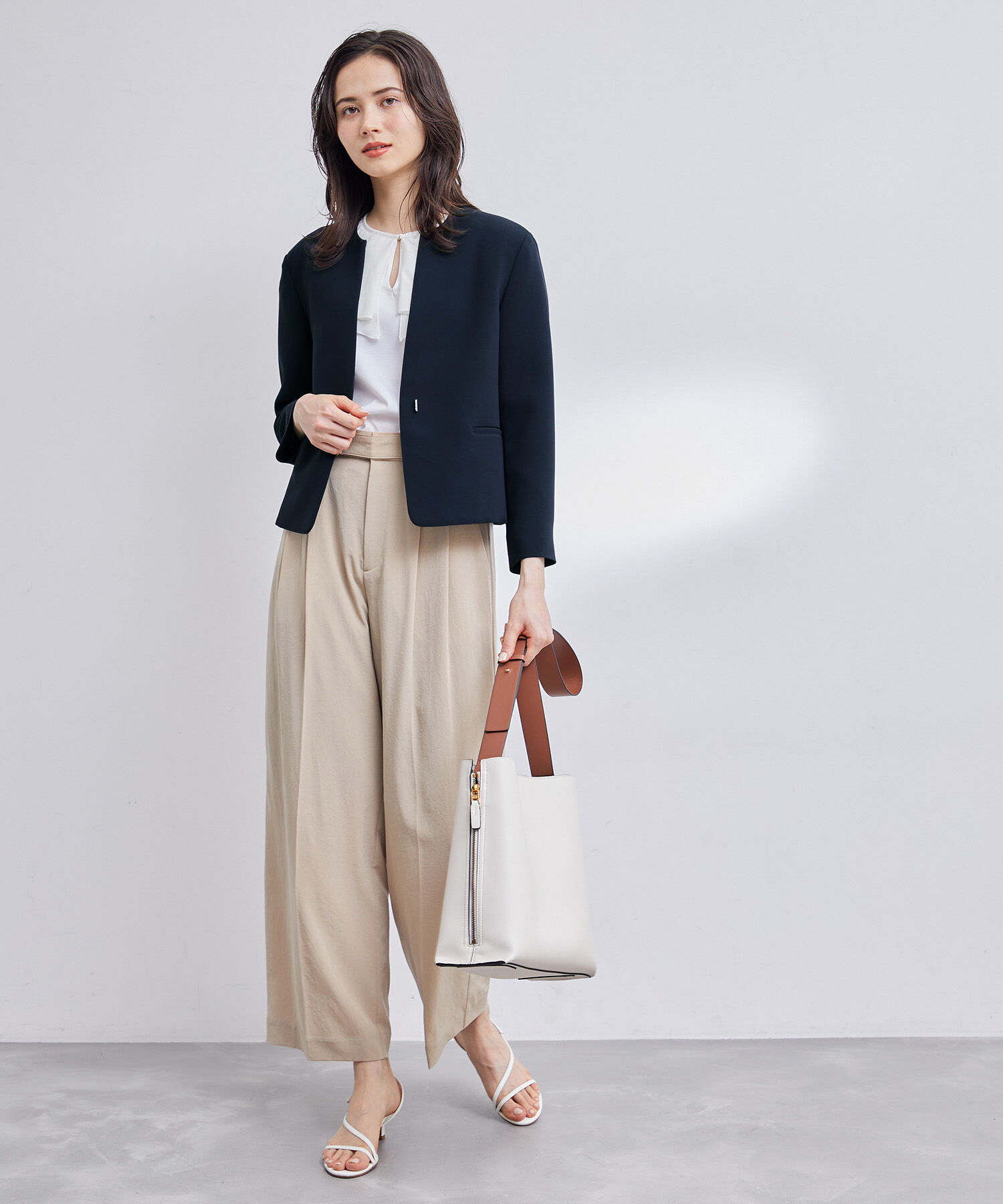 ROPE「【洗える】アセテートダブルクロス クルーネックジャケット/セレモニー・セットアップ対応」|ノーカラージャケット|