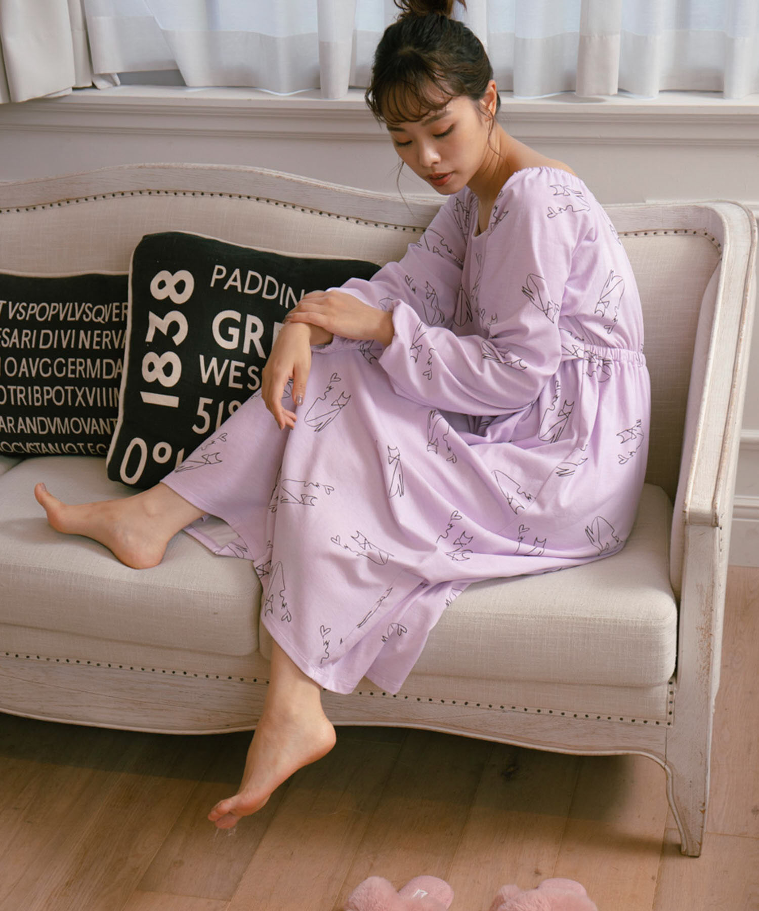 VIS「【ViSage】【ViS CHAT】カットソーフリルスクエアネックワンピース」|ルームウェア|ラベンダー(52)