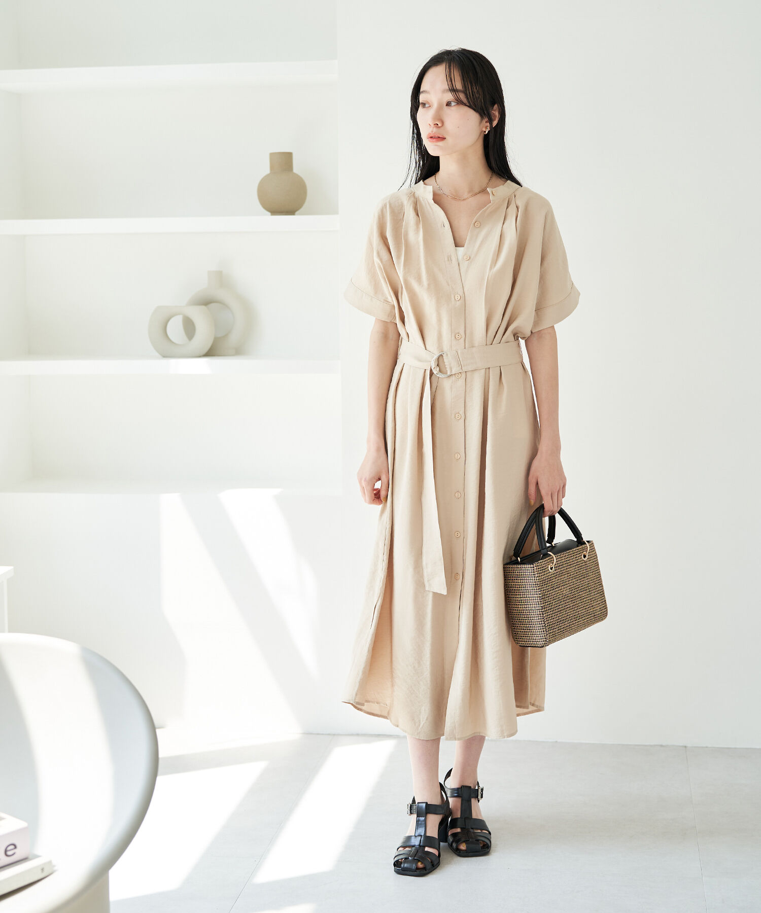 VIS「【選べる着丈】【前後2WAY】無地＆花柄ウエストベルトシャツワンピース」|その他|