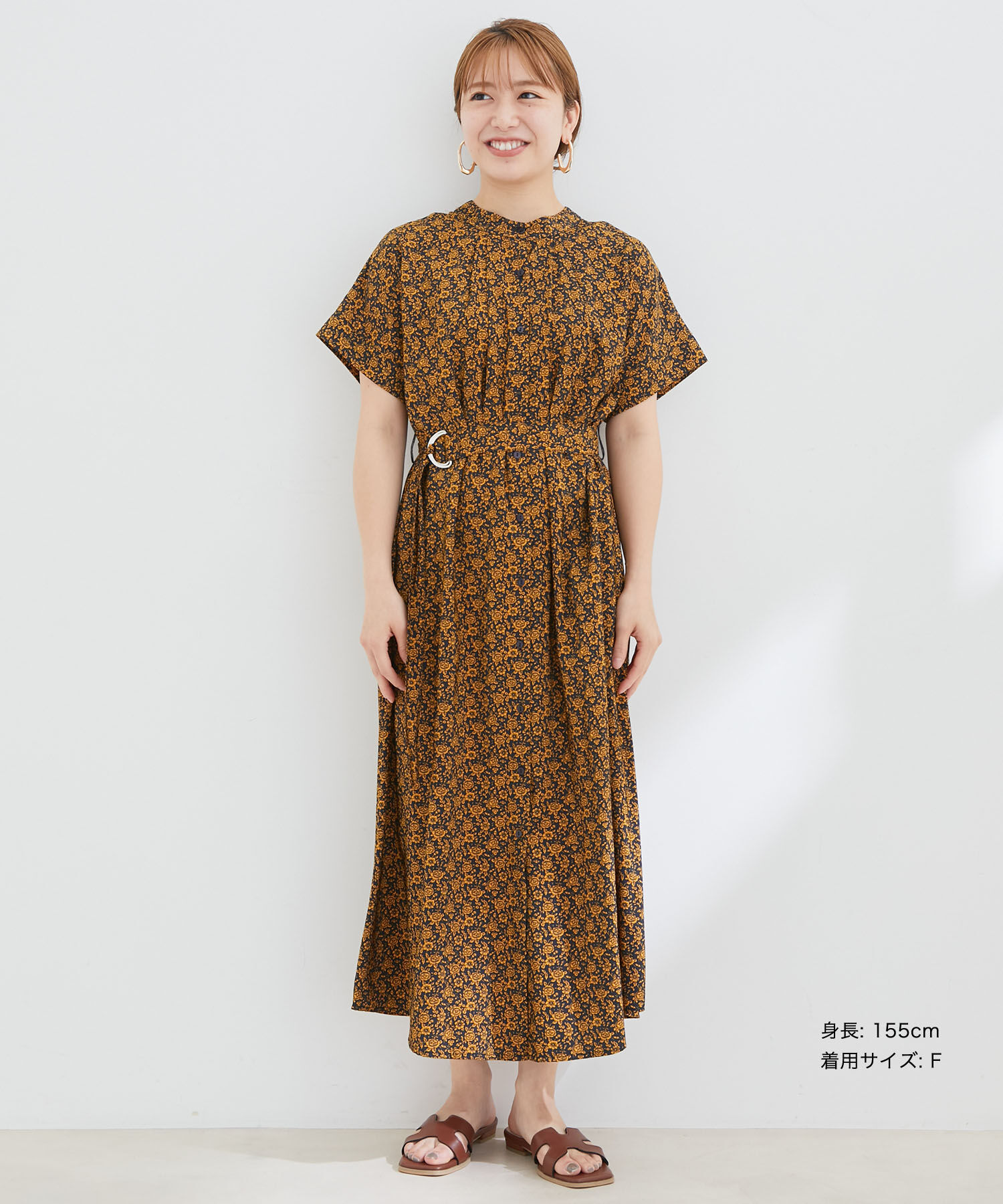 VIS「【選べる着丈】【前後2WAY】無地＆花柄ウエストベルトシャツワンピース」|その他|