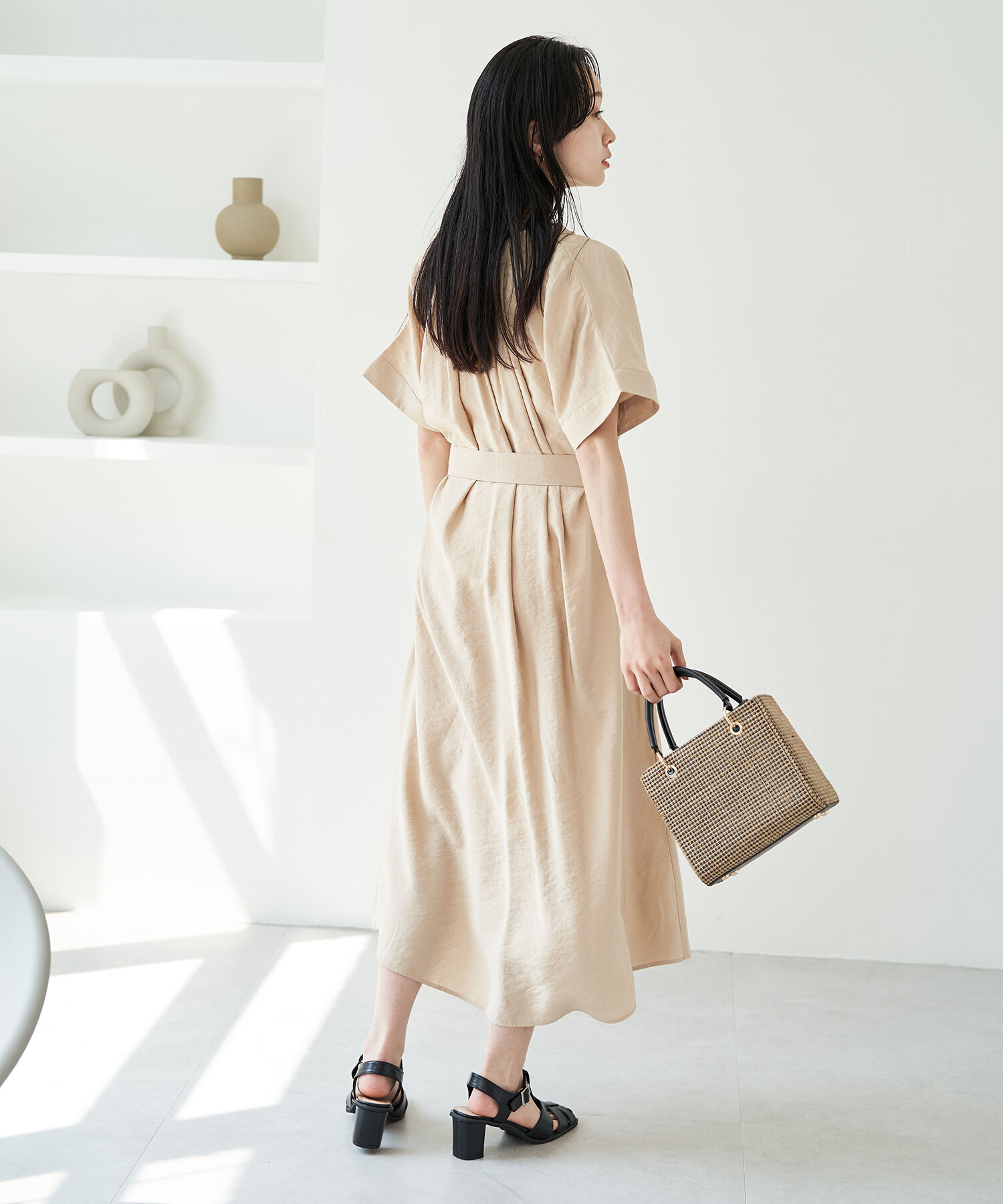 VIS「【選べる着丈】【前後2WAY】無地＆花柄ウエストベルトシャツワンピース」|その他|