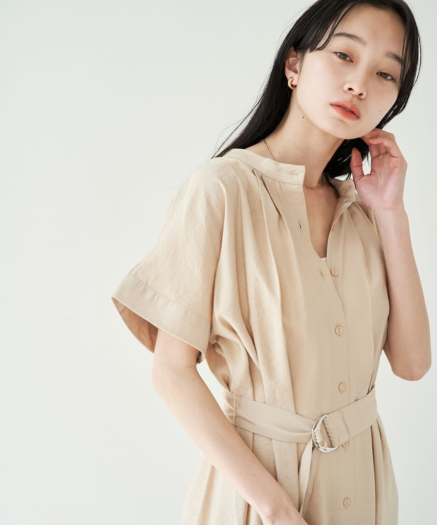 VIS「【選べる着丈】【前後2WAY】無地＆花柄ウエストベルトシャツワンピース」|その他|