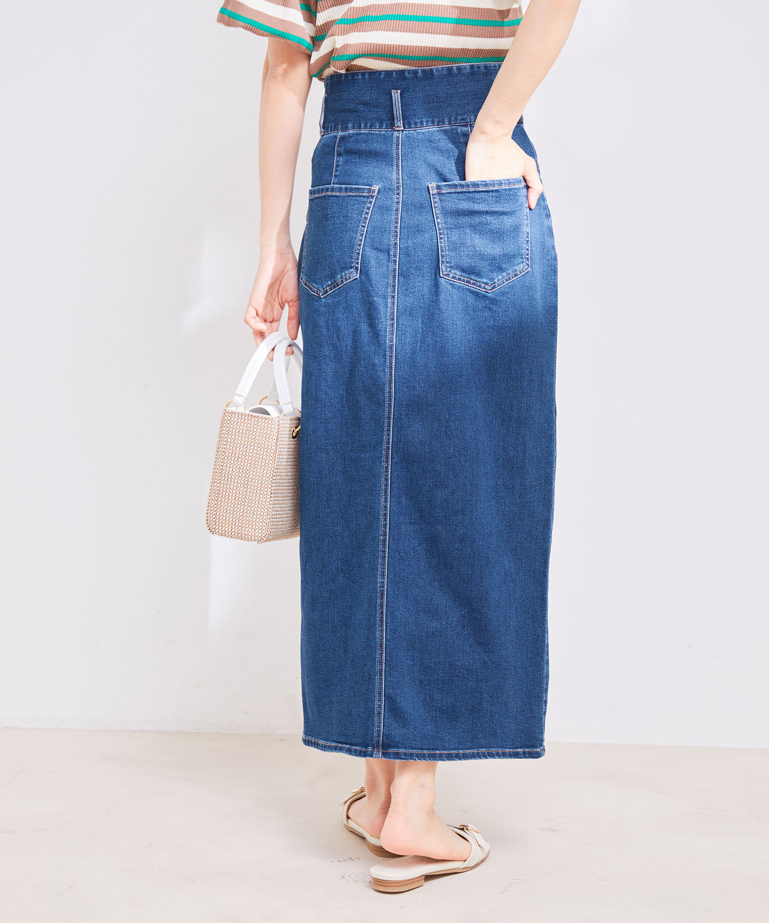 VIS「【洗える】サスペンダー付きハイウエストデニムタイトスカート」|スカート|