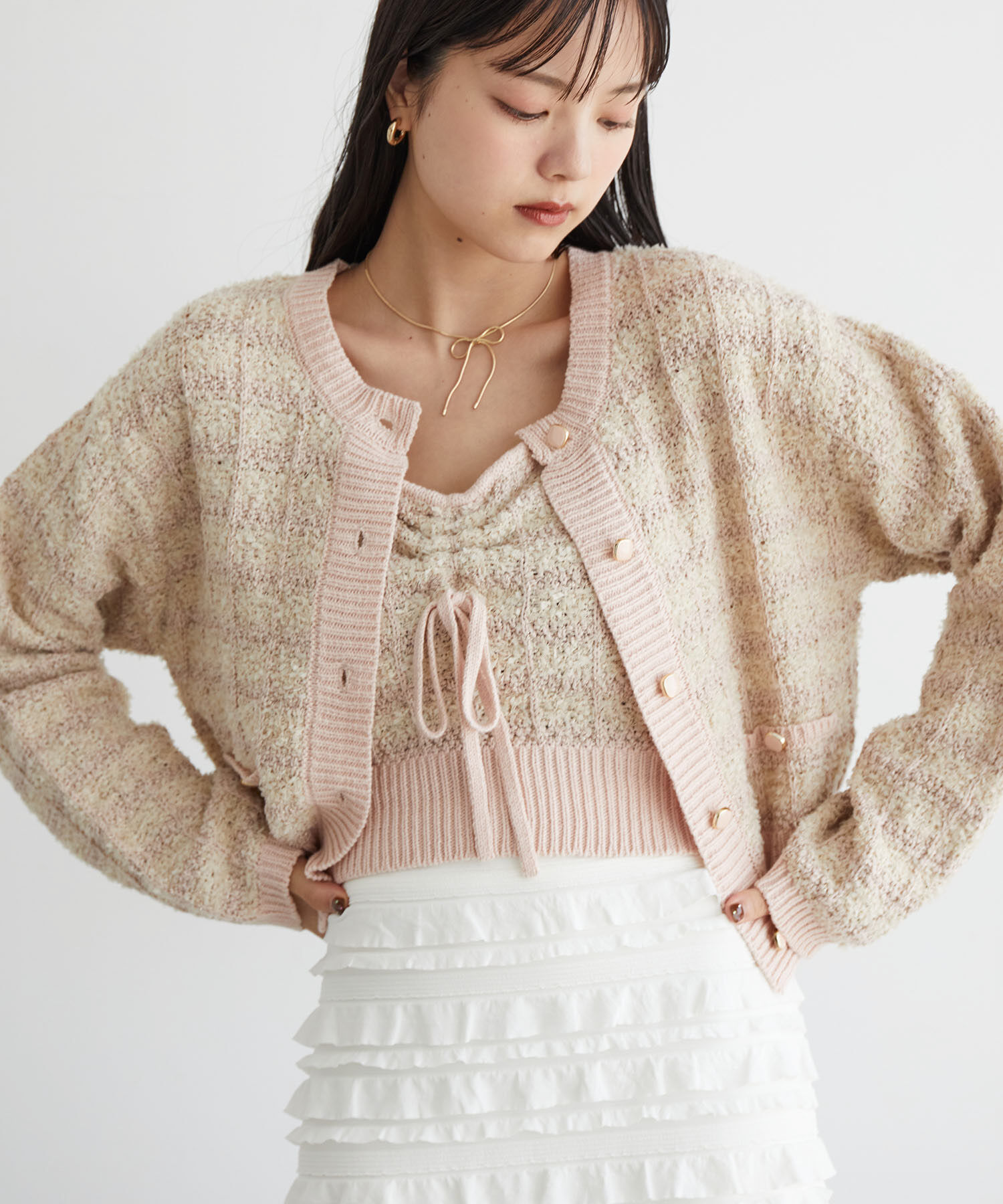 VIS「【洗える】ツイードニットカーディガン」|カーディガン|