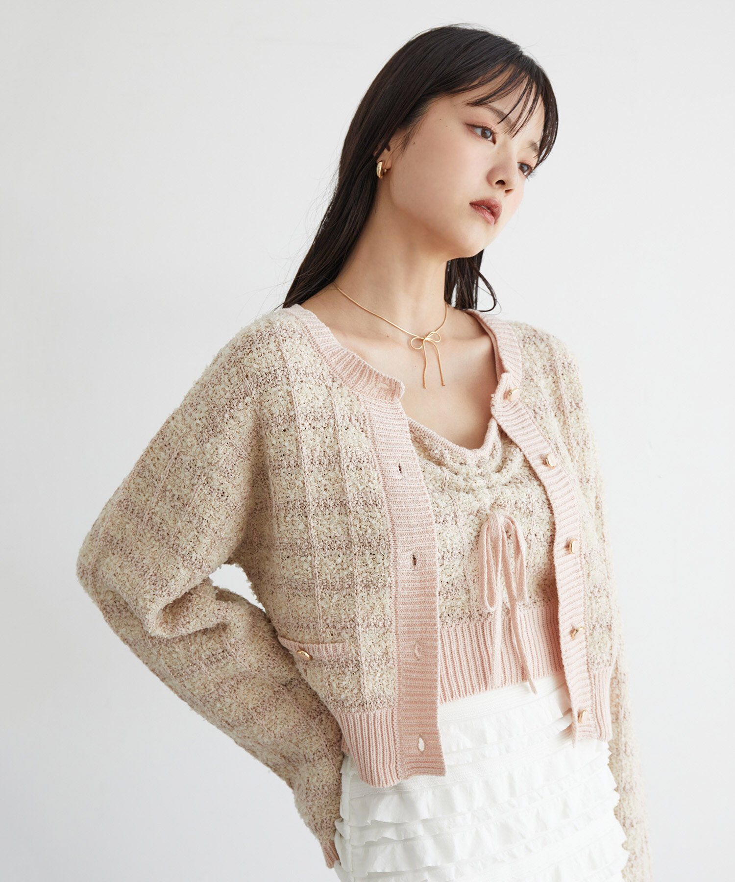 VIS「【洗える】ツイードニットカーディガン」|カーディガン|ベージュ系(28)