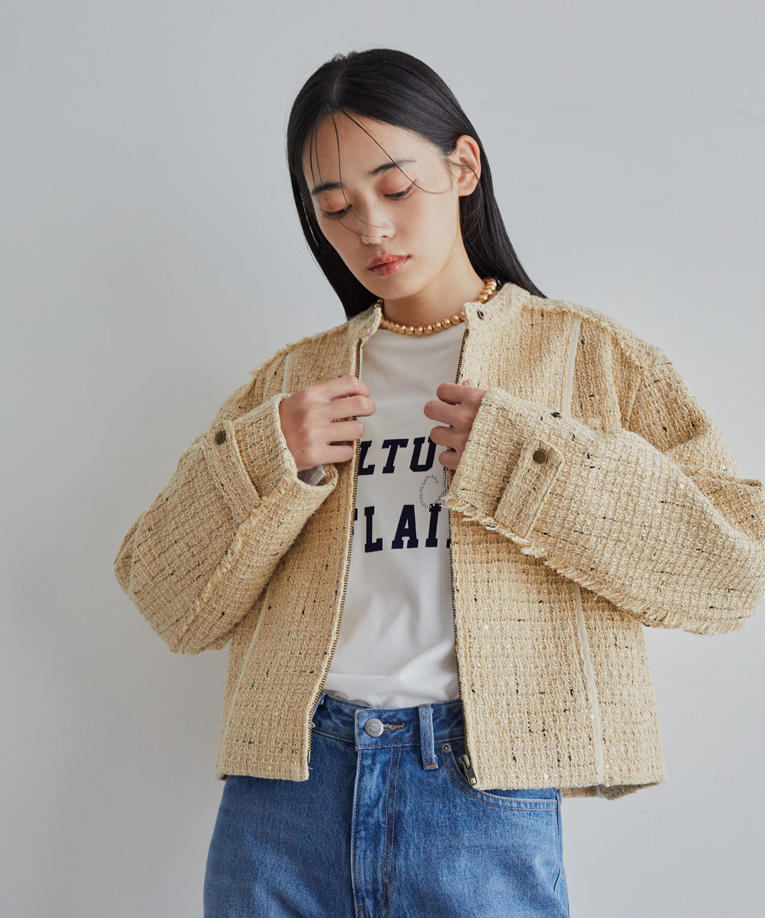 VIS「ライダースディテールツィードジャケット」|ノーカラージャケット|ベージュ系(28)