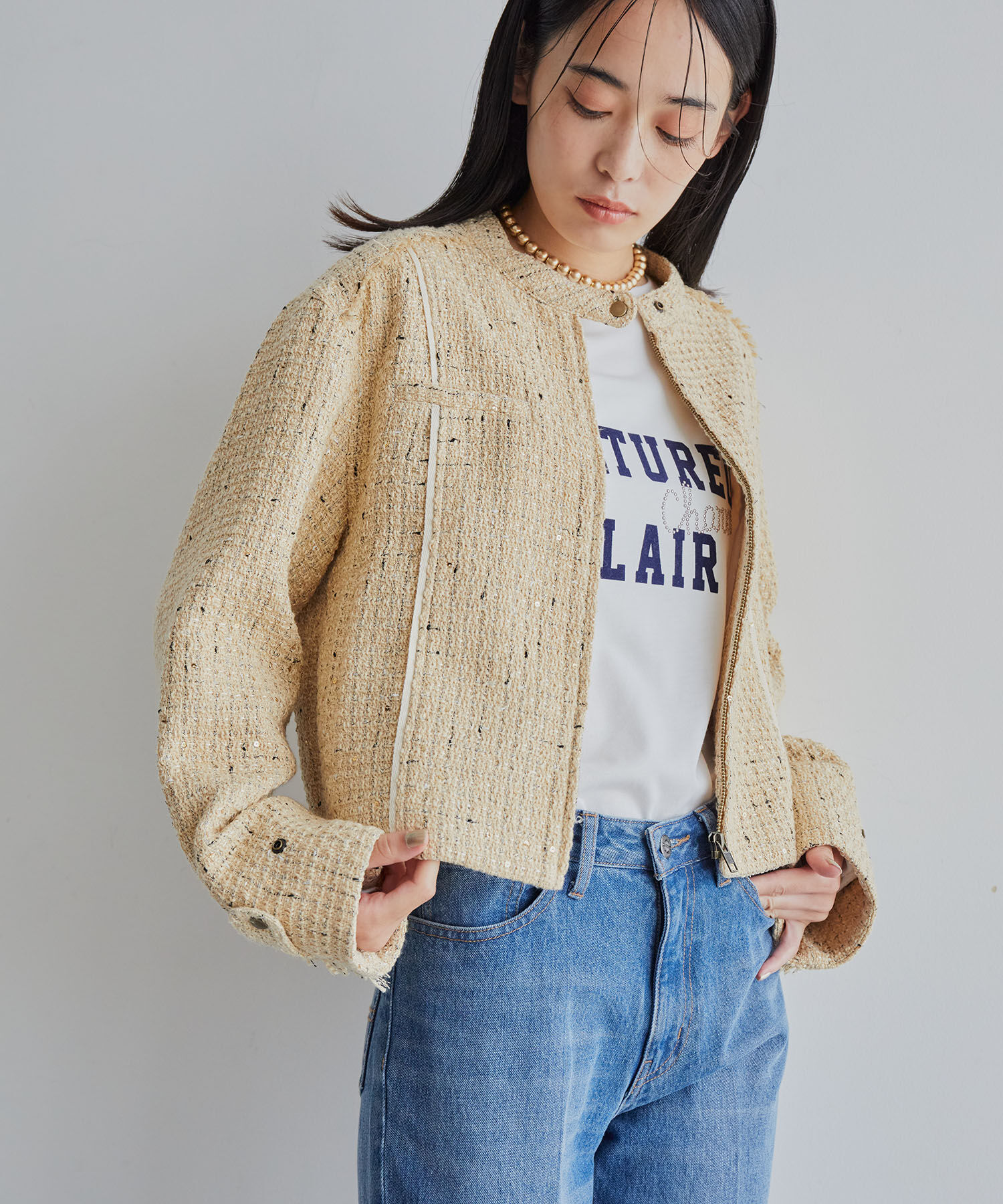 VIS「ライダースディテールツィードジャケット」|ノーカラージャケット|