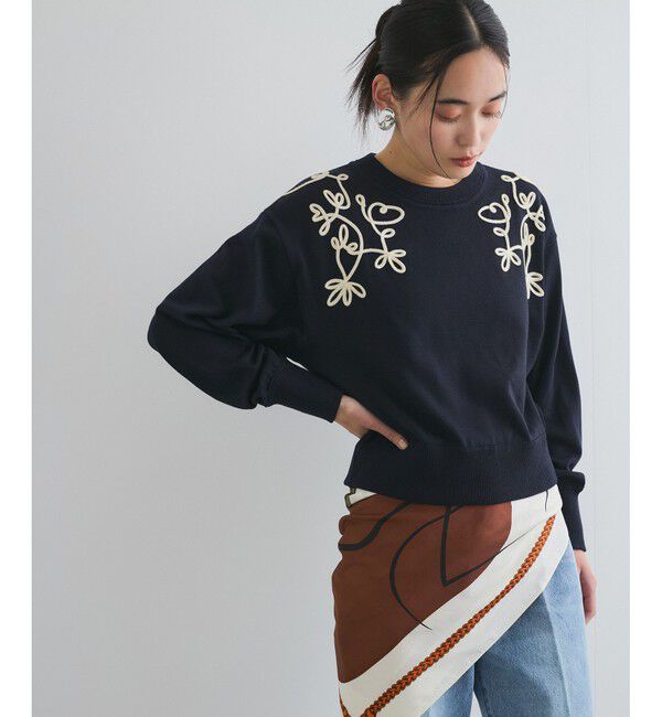 VIS「リーフコード刺繍ニットプルオーバー」|ニット・セーター|ネイビー(40)