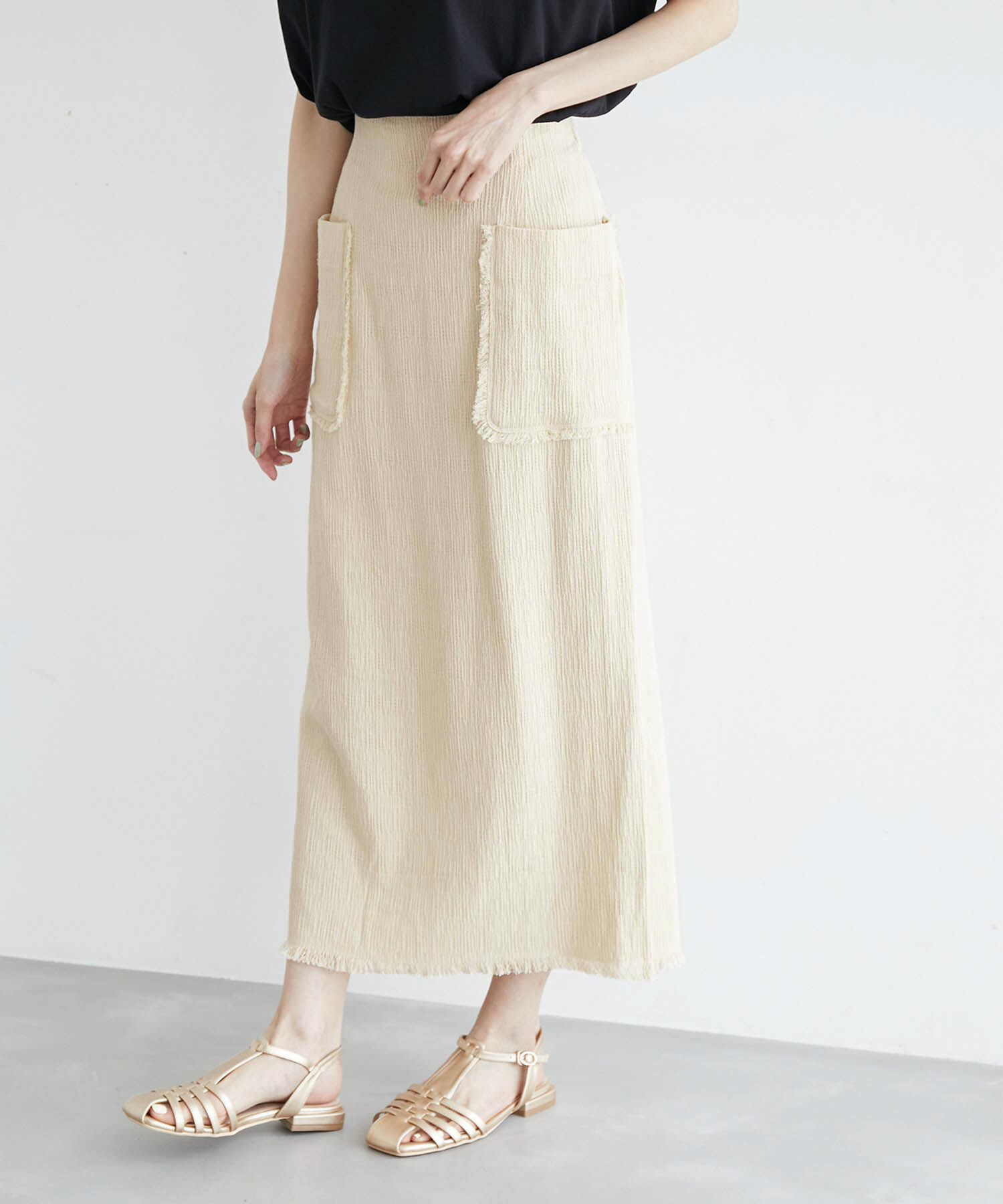 Rope&rsquo;Picnic「からみ織フリンジスリムスカート」|スカート|ベージュ(27)