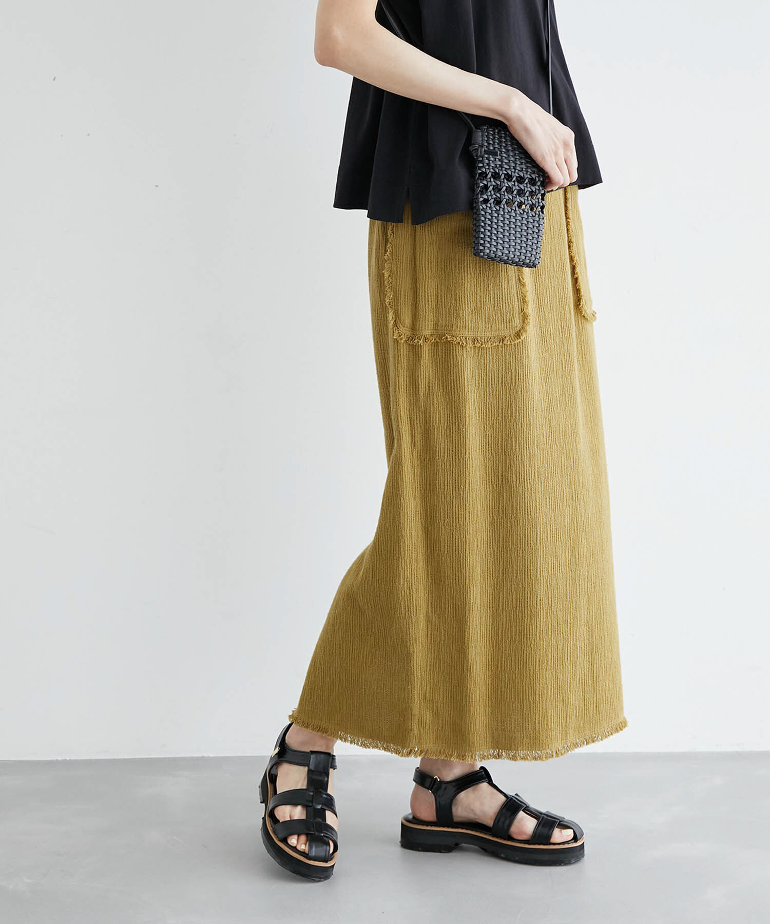 Rope&rsquo;Picnic「からみ織フリンジスリムスカート」|スカート|カラシ(86)