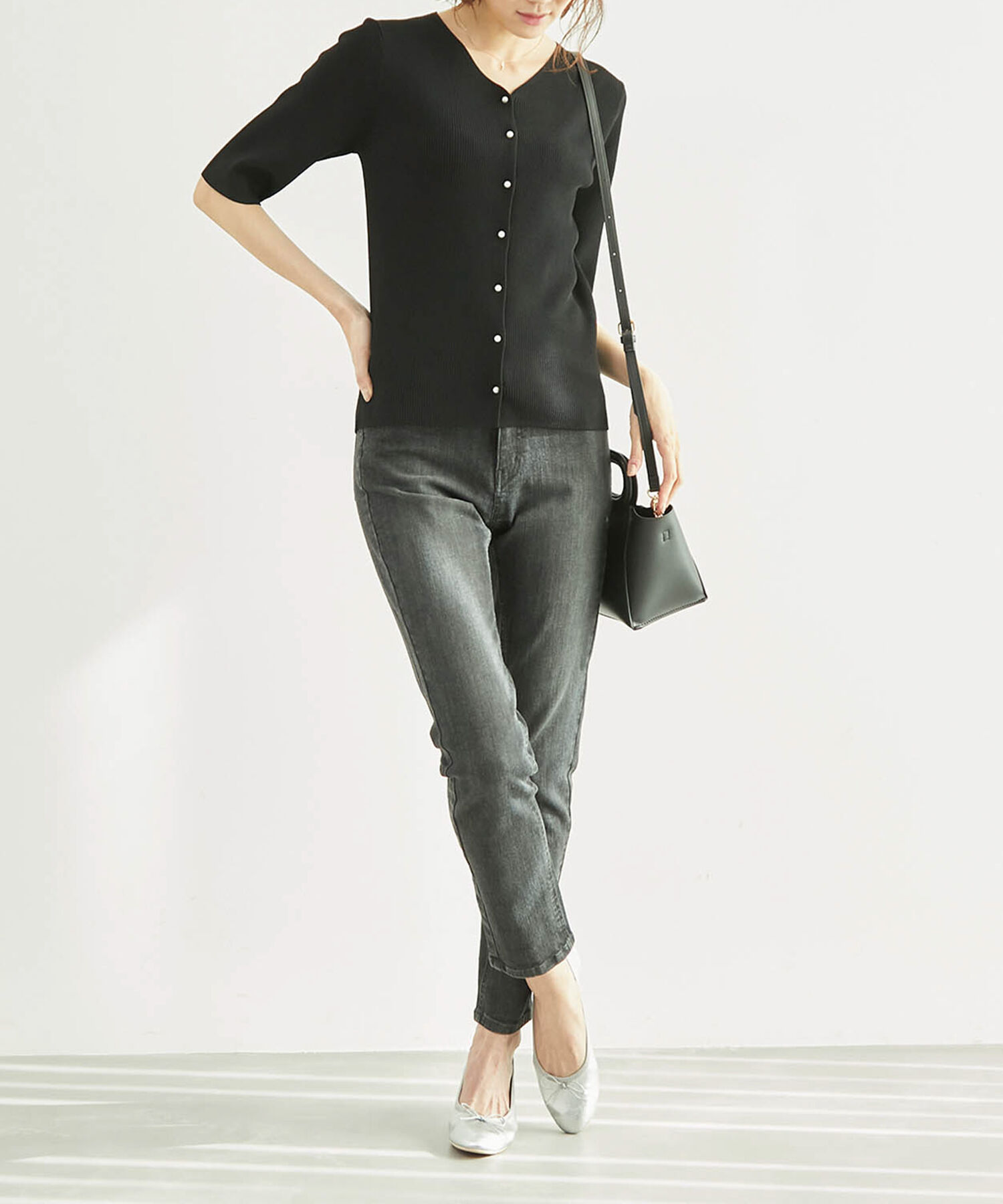 Rope&rsquo;Picnic「Beauty knit/パール釦ハーフスリーブカーディガン」|カーディガン|