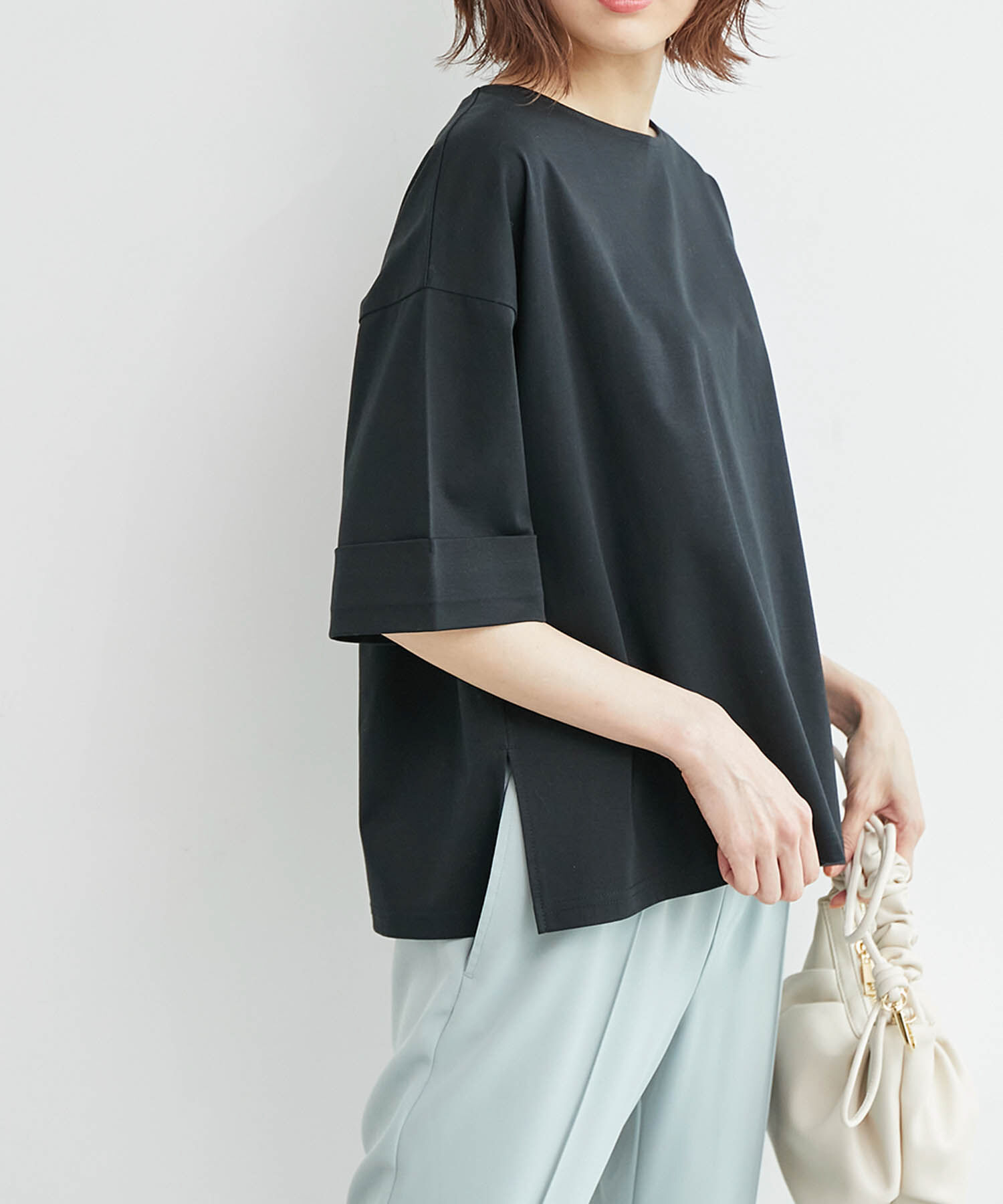 Rope&rsquo;Picnic「60シルケットハーフスリーブトップス」|Tシャツ・カットソー|ブラック(01)