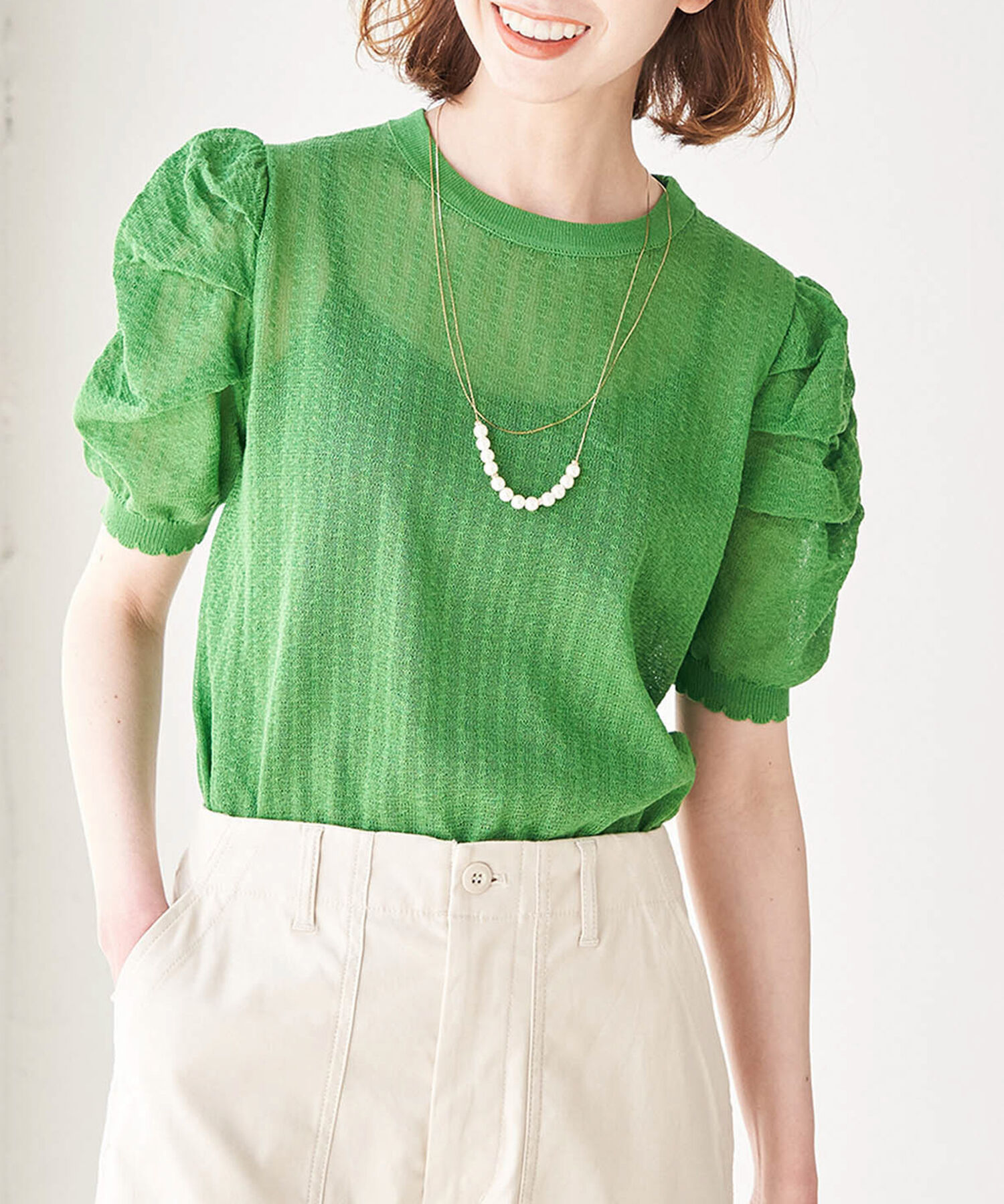 Rope&rsquo;Picnic「シアーブークレーギャザーニットプルオーバー」|ニット・セーター|ライトグリーン(33)