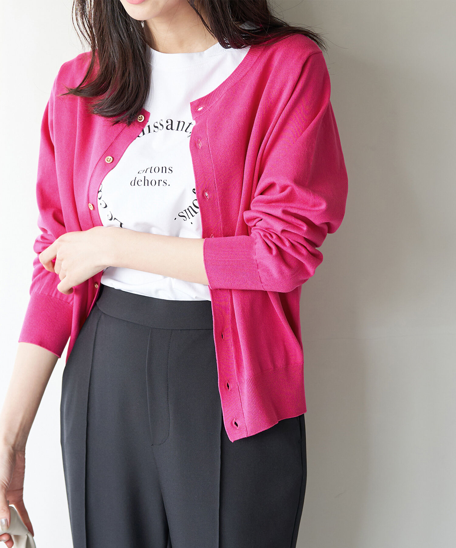 Rope&rsquo;Picnic「UVケア・洗濯機OK/天竺ベーシッククルーネックニットカーディガン」|カーディガン|ピンク系(65)