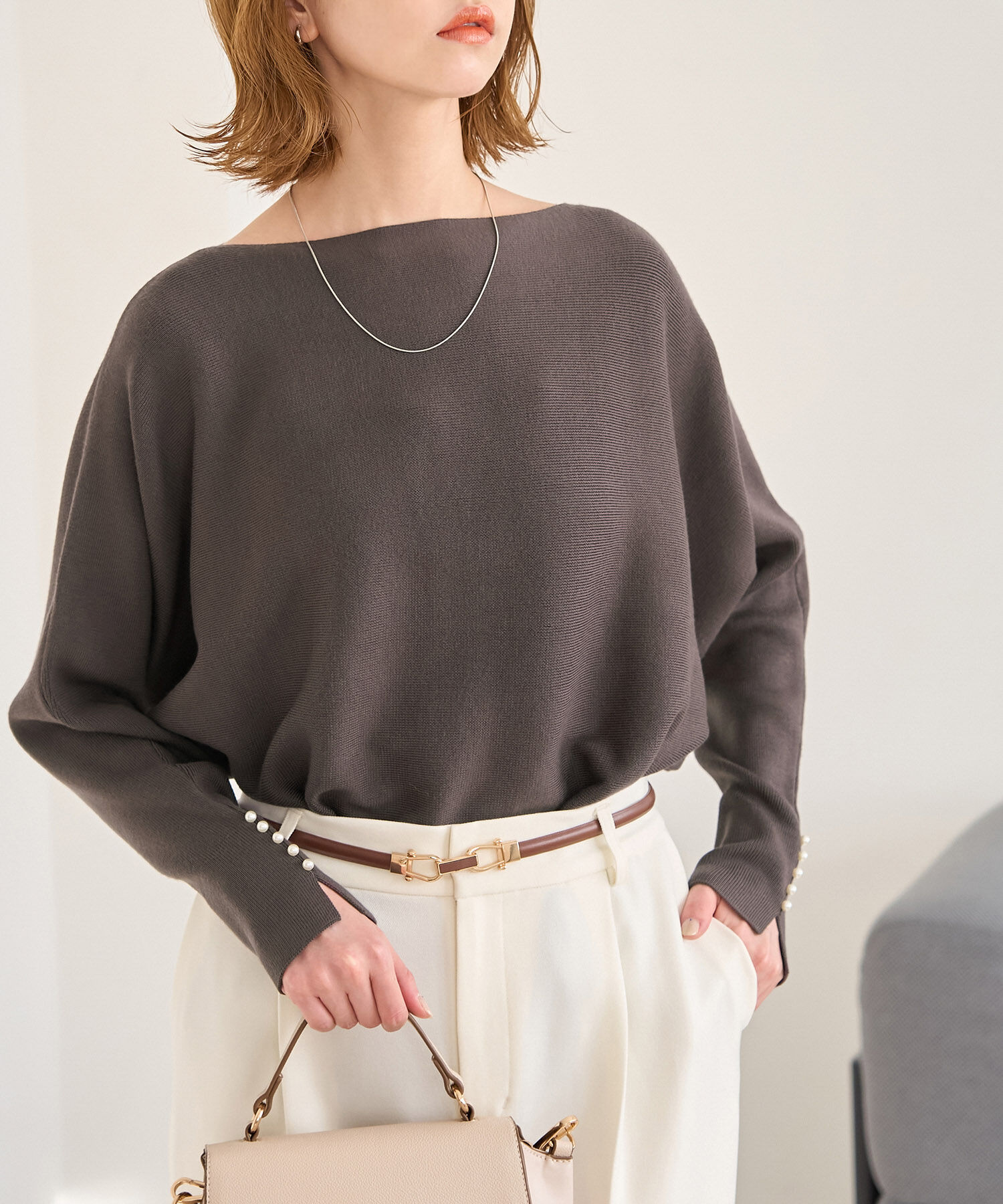 Rope&rsquo;Picnic「【WEB限定カラー:ブラウン】マシュマロ袖パールドルマンニット」|ニット・セーター|