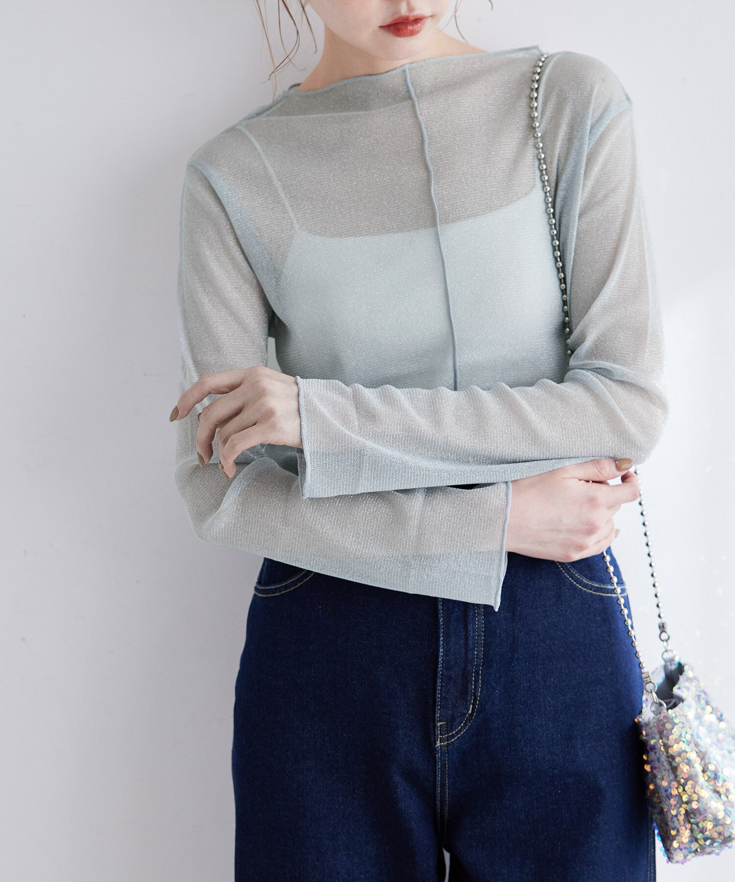 Rope&rsquo;Picnic「2WAY/シアーラメメロートップス」|Tシャツ・カットソー|サックス(48)