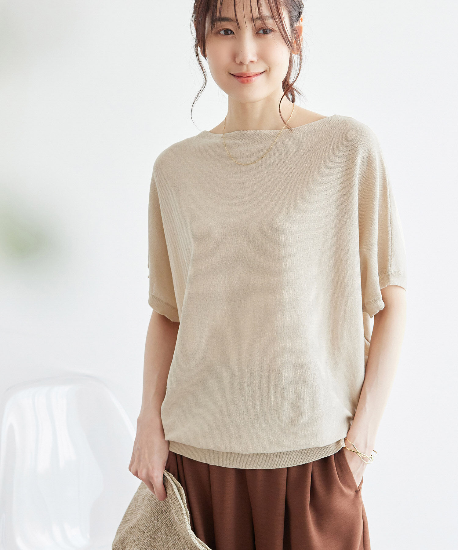 Rope&rsquo;Picnic「二の腕が隠れるニットプルオーバー/UVカット・洗濯機OK・吸水速乾」|ニット・セーター|ベージュ(27)