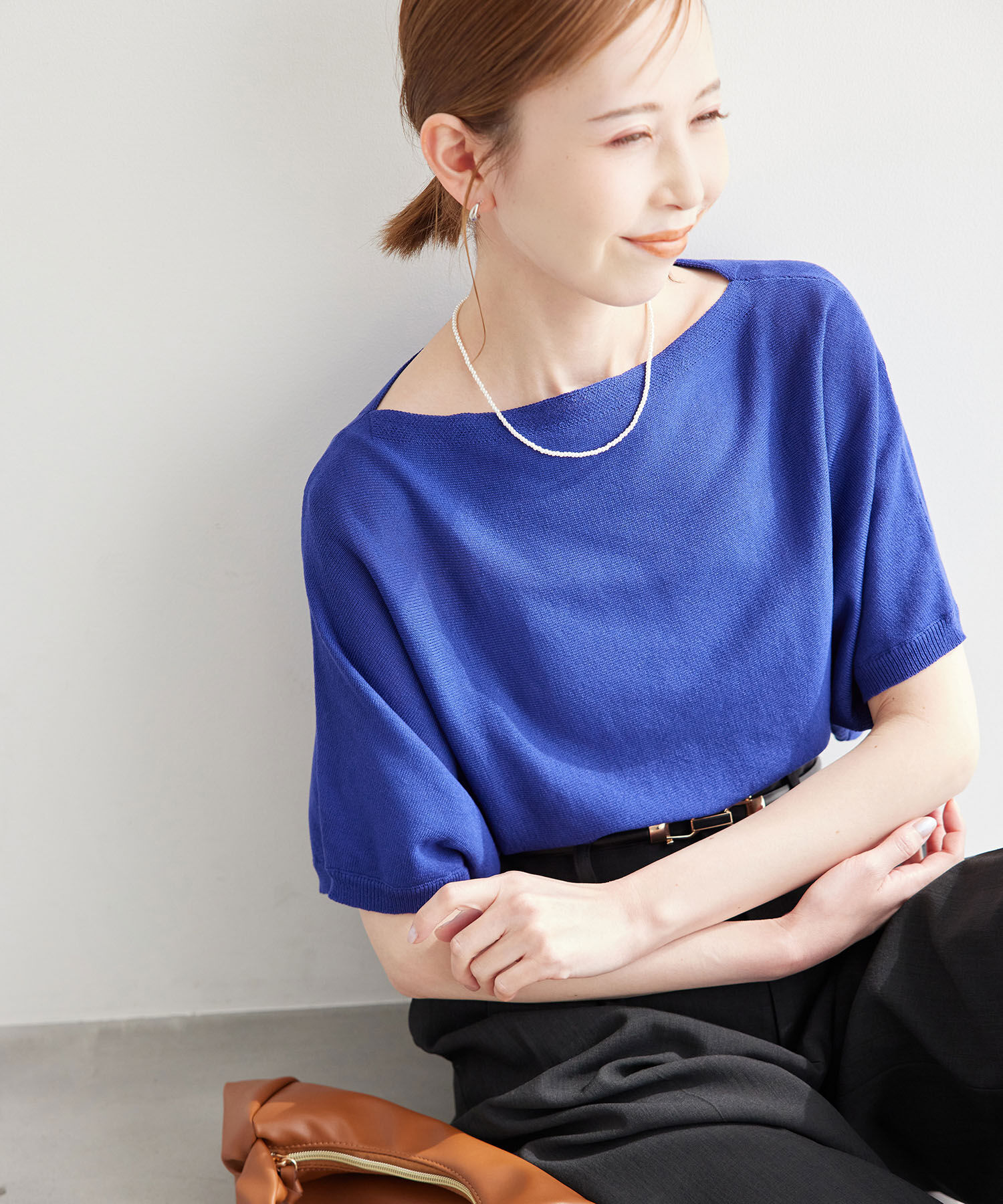 Rope&rsquo;Picnic「二の腕が隠れるニットプルオーバー/UVカット・洗濯機OK・吸水速乾」|ニット・セーター|ブルー(44)