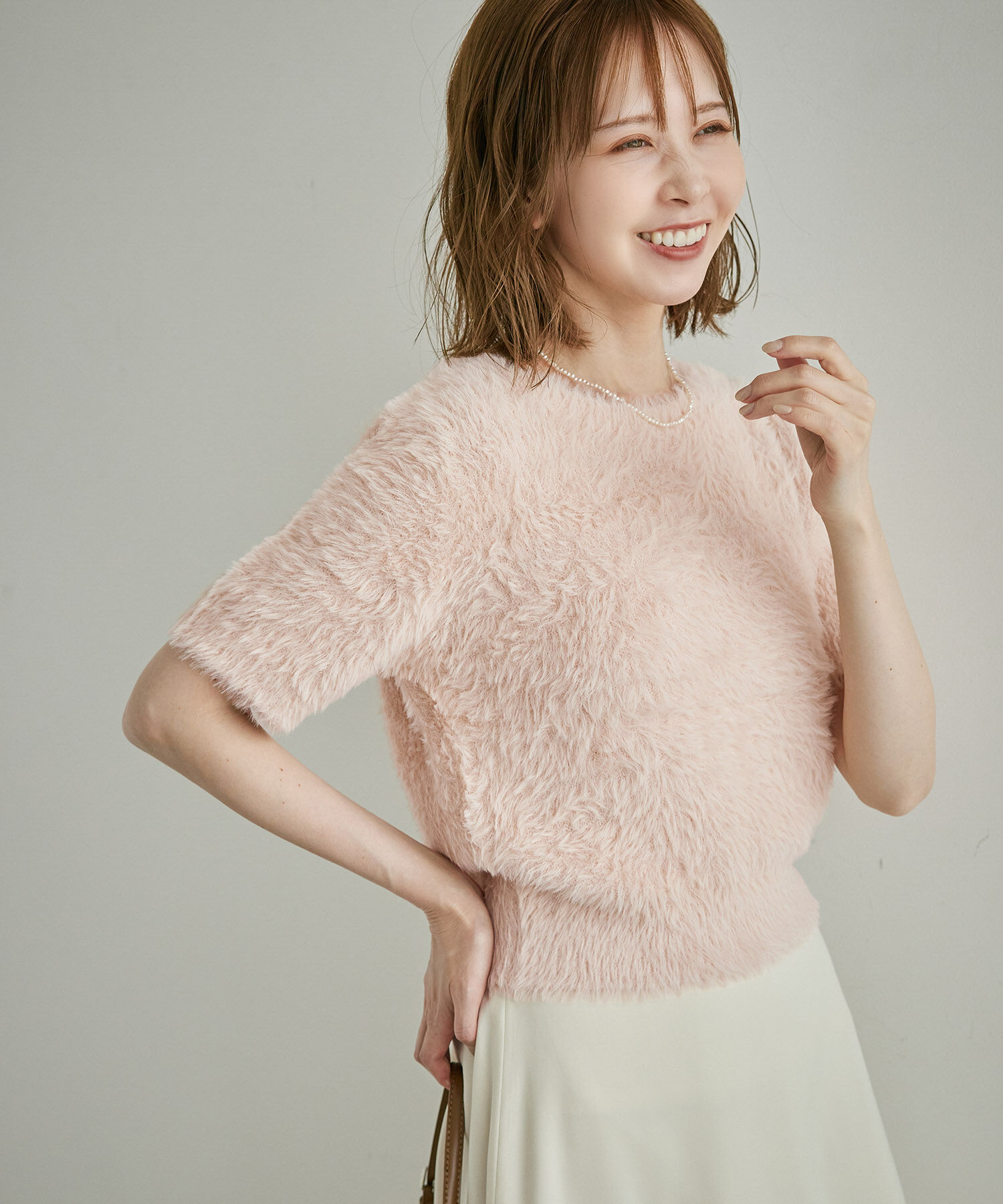 Rope&rsquo;Picnic「ショートフェザー半袖ニットプルオーバー」|ニット・セーター|ピンク系(65)