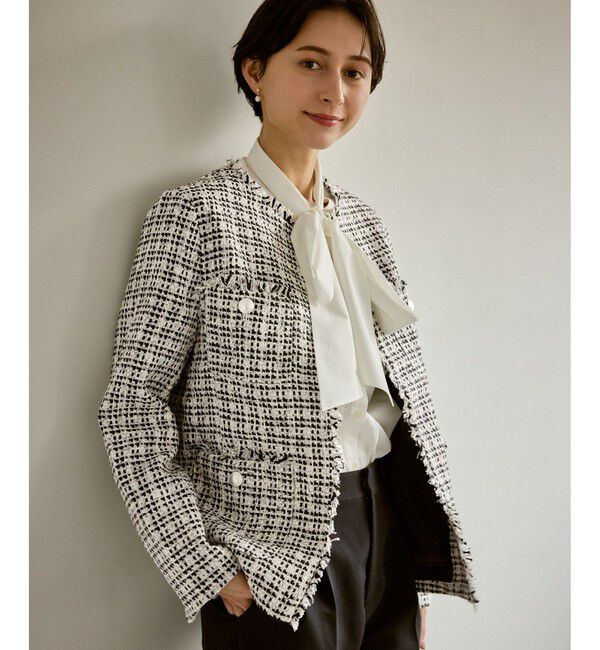 Rope&rsquo;Picnic「セレモニー・通勤対応/ツイードジャケット/リンクコーデ」|ノーカラージャケット|ブラック系(02)