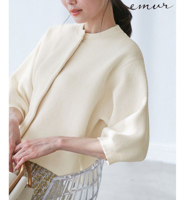 Rope&rsquo;Picnic「【emur/エミュール】モールヤーン畦ニット5分袖カーディガン」|カーディガン|生成メイン