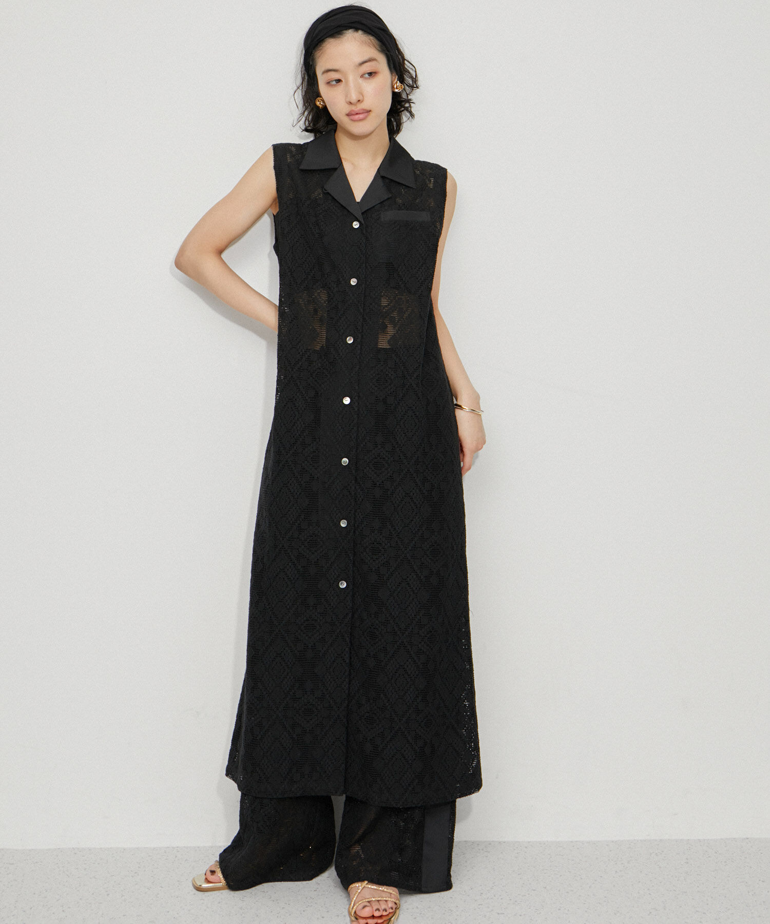 ADAM ET ROPE'「オープンカラーレースワンピース」|その他|ブラック(01)