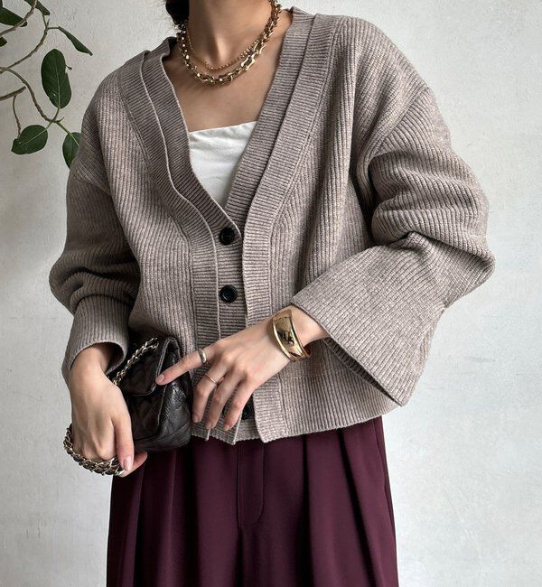  「【WEB限定】レイヤードリブVネックカーディガン」|カーディガン|ベージュ