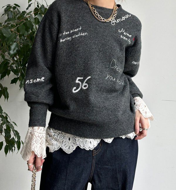  「【WEB限定】レタリング刺繍プルオーバー」|ニット・セーター|チャコールグレー