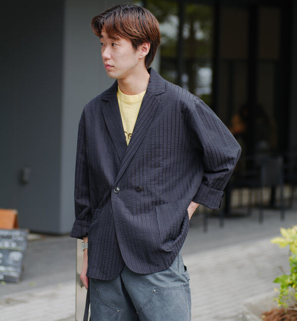  「*【WHIMSIC/SETUP対応】シアサッカーストライプダブルジャケット」|テーラードジャケット|ブラック