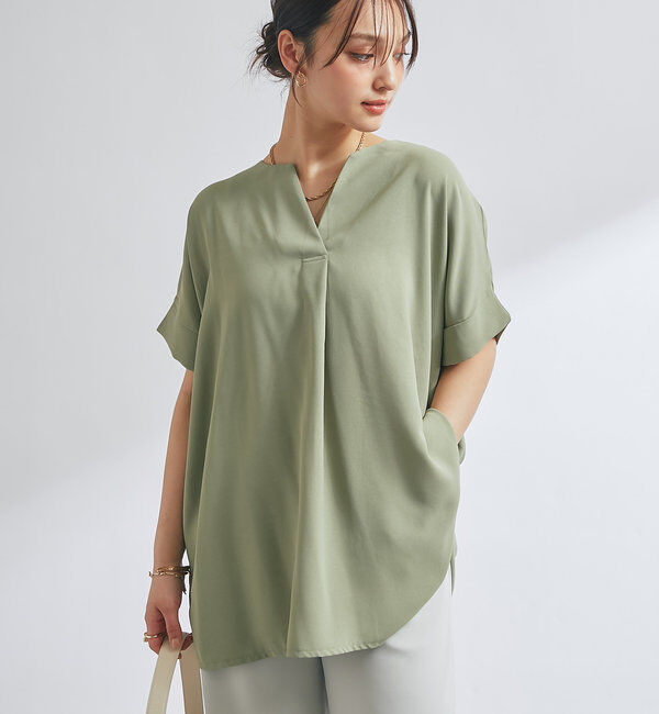  「Vネックライトジョーゼット半袖T」|Tシャツ・カットソー|カーキ