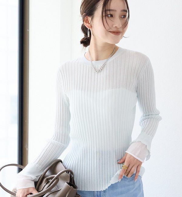  「予約【レイヤード風の袖口】シアーカフスリブニット」|ニット・セーター|サックスブルー