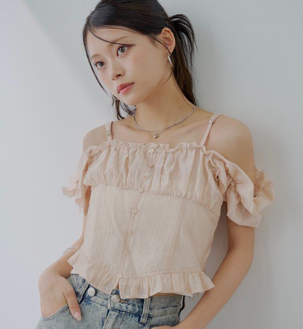  「シアーノースリフリルブラウス」|シャツ・ブラウス|ピンクベージュ