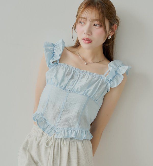  「シアーノースリフリルブラウス」|シャツ・ブラウス|ブルー