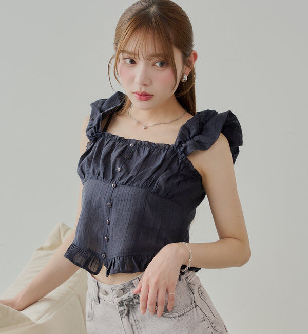  「シアーノースリフリルブラウス」|シャツ・ブラウス|ネイビー