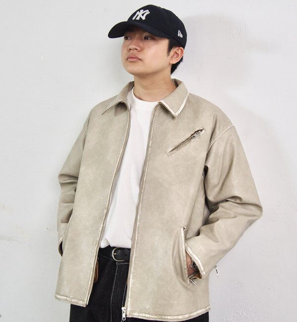  「ヴィンテージライクボンディングフェイクレザージャケット 」|ブルゾン・スタジャン|