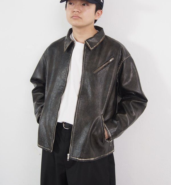  「ヴィンテージライクボンディングフェイクレザージャケット 」|ブルゾン・スタジャン|