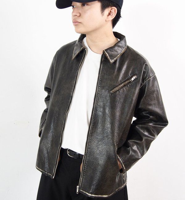  「ヴィンテージライクボンディングフェイクレザージャケット 」|ブルゾン・スタジャン|