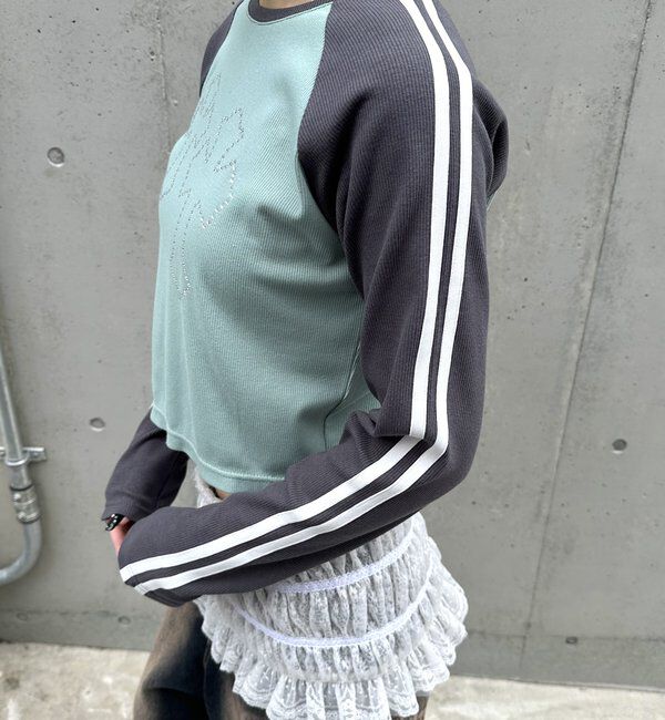  「ラグランクロスラインストーントップス」|Tシャツ・カットソー|