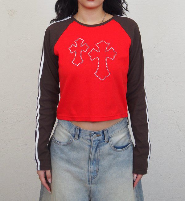  「ラグランクロスラインストーントップス」|Tシャツ・カットソー|