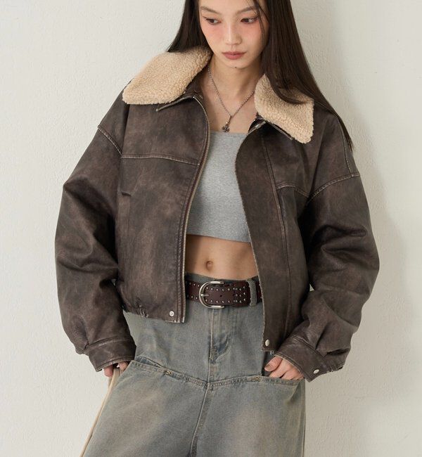  「【UNISEX/サイズ展開あり】3way ヴィンテージライクレザーボアブルゾン」|ブルゾン・スタジャン|ブラウン