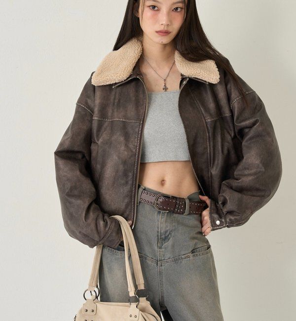  「【UNISEX/サイズ展開あり】3way ヴィンテージライクレザーボアブルゾン」|ブルゾン・スタジャン|