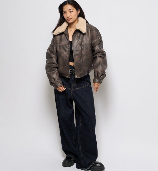  「【UNISEX/サイズ展開あり】3way ヴィンテージライクレザーボアブルゾン」|ブルゾン・スタジャン|