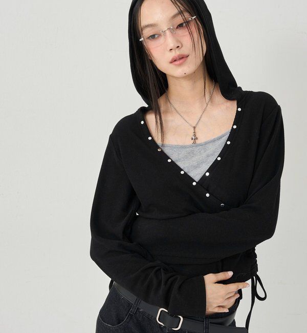  「STUDS RIB WRAP HOODIE」|パーカー|ブラック