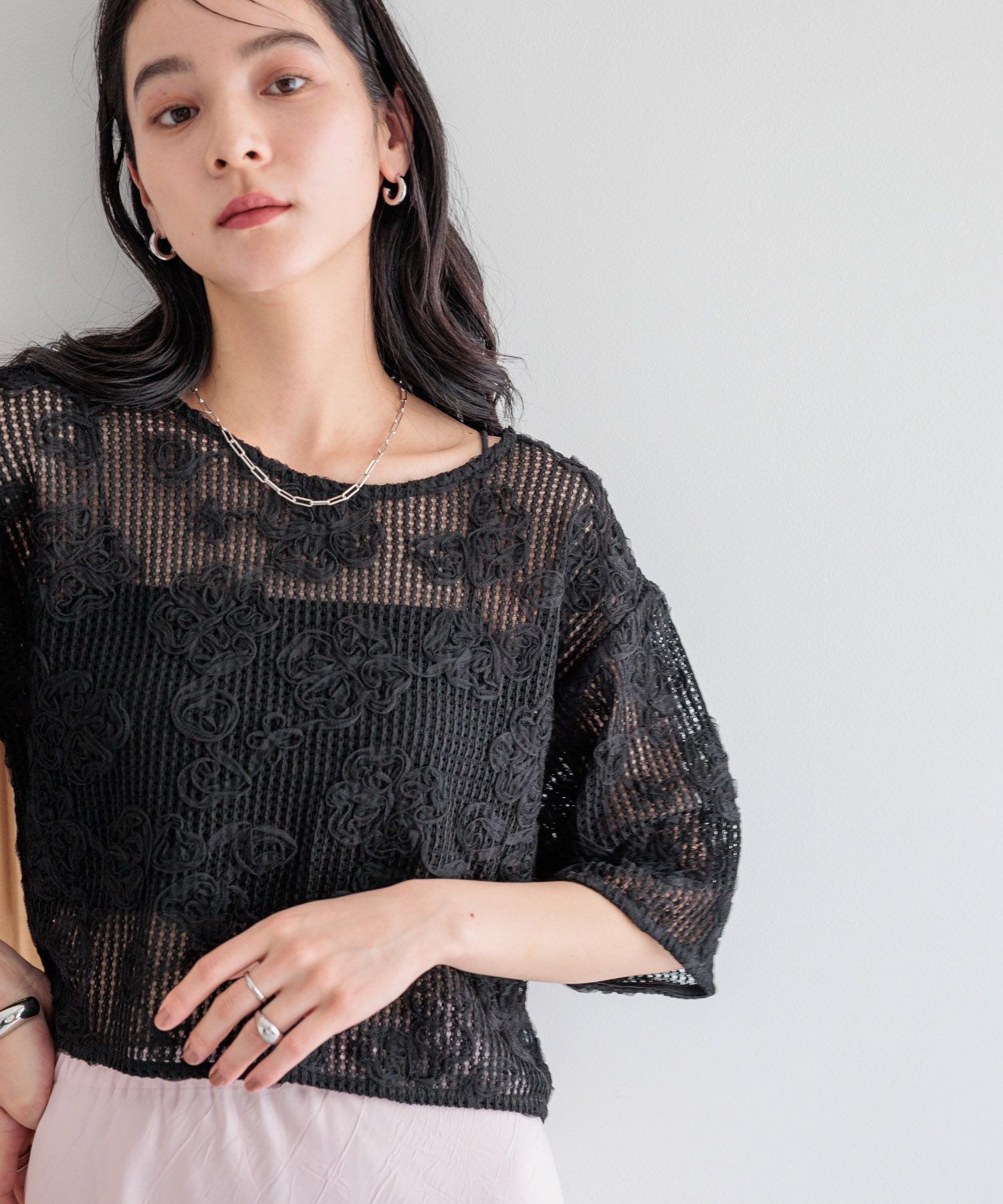 LOWRYS FARM「３Ｄレース５Ｓ」|Tシャツ・カットソー|BLK