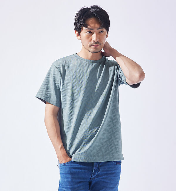 ABAHOUSE「ジオメトリック柄 クルーネック 半袖 Tシャツ」|Tシャツ・カットソー|サックスブルー