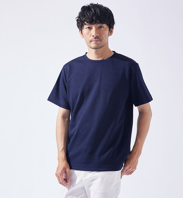 ABAHOUSE「ジオメトリック柄 クルーネック 半袖 Tシャツ」|Tシャツ・カットソー|ネイビー
