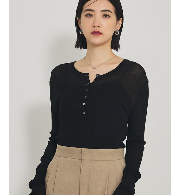 qualite「ヘンリーネックシアーリブニット」|Tシャツ・カットソー|ブラック