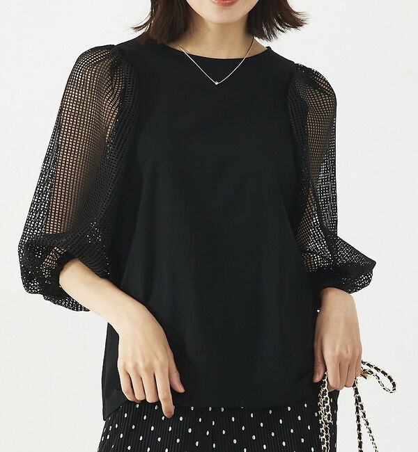 abahouse mavie「メッシュボリューム5分袖コンビプルオーバー」|Tシャツ・カットソー|ブラック